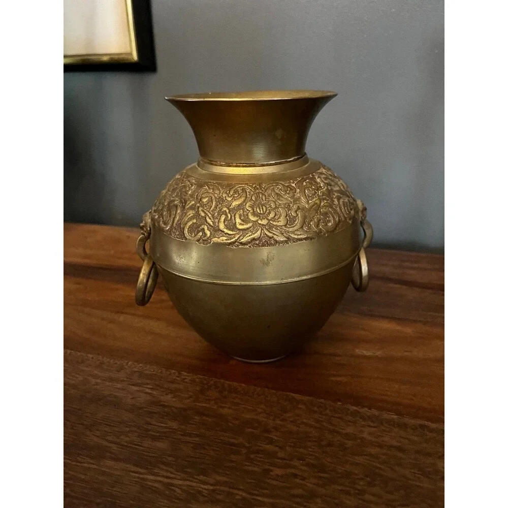 Vintage solid Brass Urn Vase Spittoon with rings on sides Beautiful design